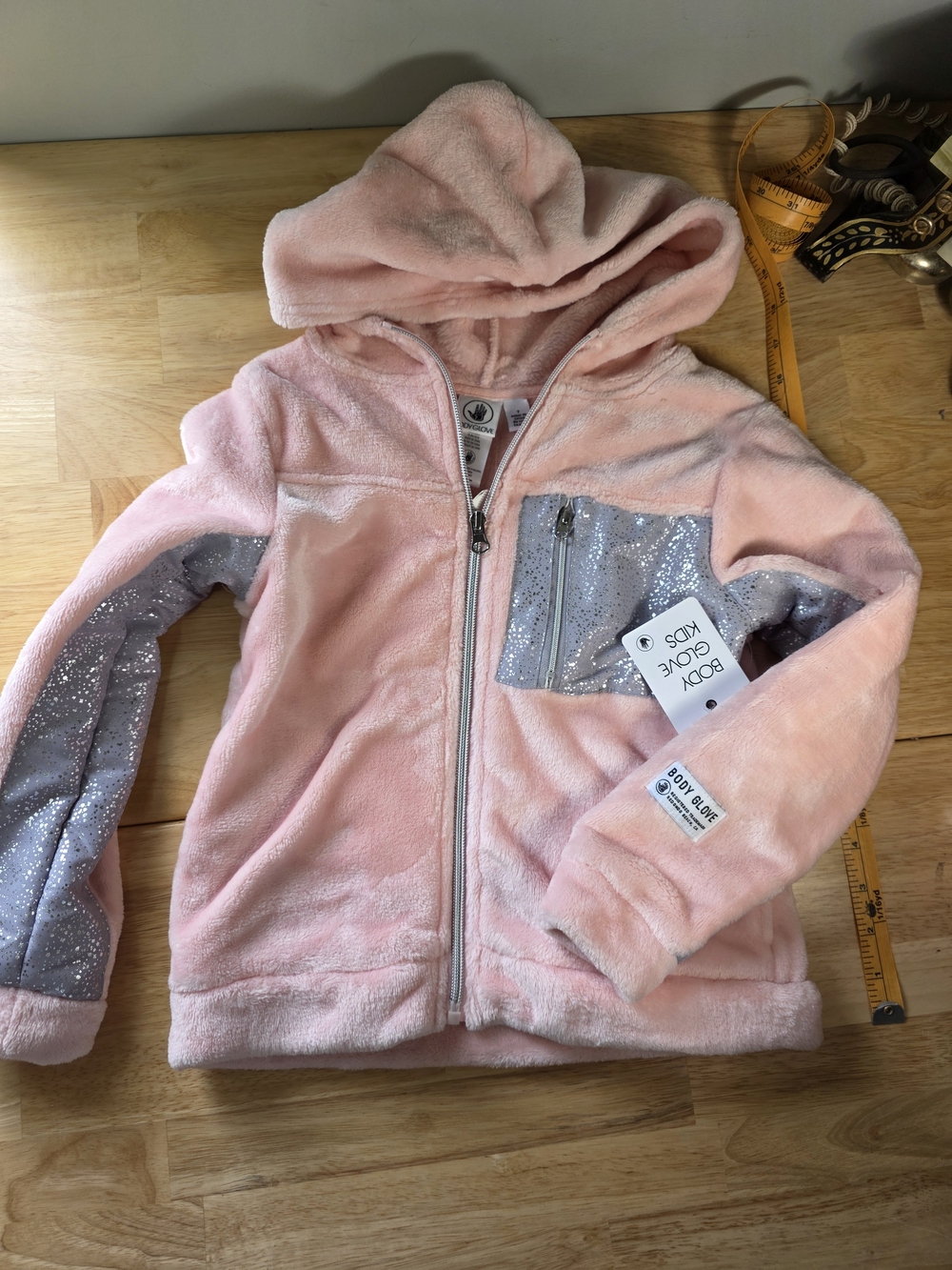 NWT Girls Body Glove Pink Hooded Sequin-Trim Fleece Jacket